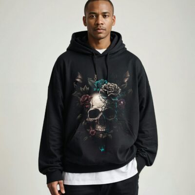 Stylish portrait of a model wearing a black hoodie with a floral skull design.